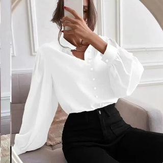 Commute Style Solid Color Round Neck Long Sleeve Single-breasted Women's Shirt Phosgene