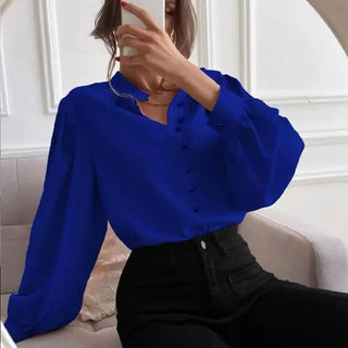 Commute Style Solid Color Round Neck Long Sleeve Single-breasted Women's Shirt Phosgene