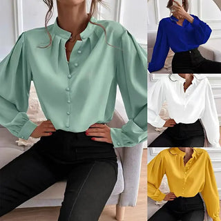 Commute Style Solid Color Round Neck Long Sleeve Single-breasted Women's Shirt Phosgene