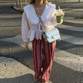 Cross Border Stringy Selvedge Lace-up Doll Collar Shirt Lantern Sleeve Sweet All-matching Top Phosgene