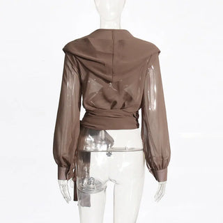 Cross V-neck Lace-up Waist-controlled Mesh See-through Hooded Top Phosgene