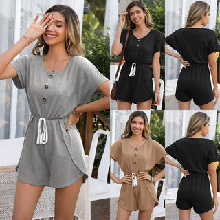 Drawstring Waist-slimming Short-sleeved Jumpsuit Women Phosgene