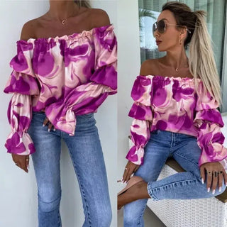 Elastic One Shoulder Lantern Lotus Leaf Sleeve Printed Shirt With Long Sleeves Phosgene