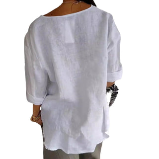 European And American Loose T-shirt Women's V-neck Cotton And Linen Button Top Phosgene