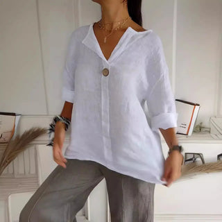 European And American Loose T-shirt Women's V-neck Cotton And Linen Button Top Phosgene