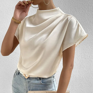 European And American Round Neck Solid Color Temperament Folding Loose Women's Tops Phosgene