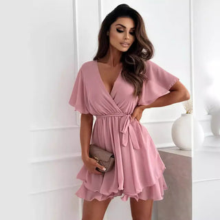 European And American Sexy V-neck Cross Straps Mini Skirt Ruffled Hem Chiffon Dress Phosgene