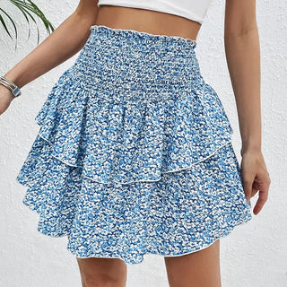 European And American Summer Smocking Slim Fit Floral Short Skirt Phosgene