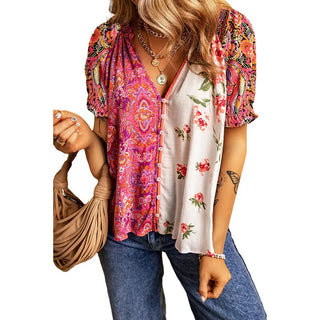 Fashion Floral Printed V-neck Single-breasted Shirt Phosgene