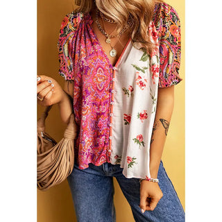 Fashion Floral Printed V-neck Single-breasted Shirt Phosgene