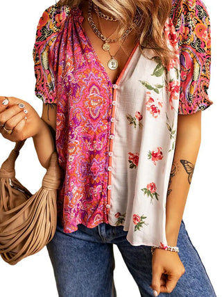 Fashion Floral Printed V-neck Single-breasted Shirt Phosgene