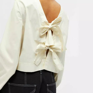 Fashion Inside-out Wear Bow Solid Color Pleating Long Sleeve Top Phosgene