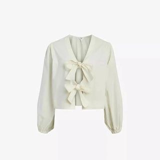 Fashion Inside-out Wear Bow Solid Color Pleating Long Sleeve Top Phosgene