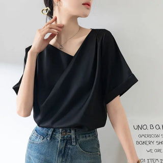 French Sexy V-neck Short-sleeved Shirt Women's Design Niche Temperament Drape Chiffon Shirt Phosgene