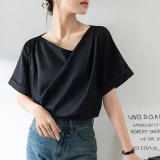 French Sexy V-neck Short-sleeved Shirt Women's Design Niche Temperament Drape Chiffon Shirt Phosgene