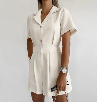 French Style Temperament Cotton And Linen Suit Collar High Waist Casual Jumpsuit Phosgene