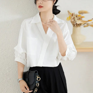 French Style Three-quarter Sleeve Loose Thin Lapel Shirt Phosgene