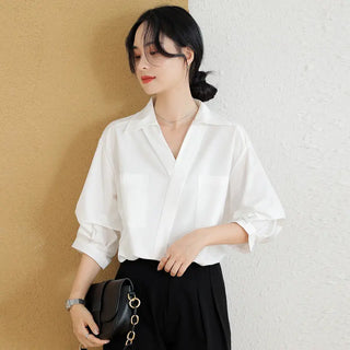 French Style Three-quarter Sleeve Loose Thin Lapel Shirt Phosgene