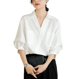 French Style Three-quarter Sleeve Loose Thin Lapel Shirt Phosgene