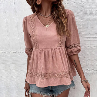 Half Sleeve Lace Pleated Stitching Doll Shirt Phosgene