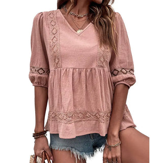 Half Sleeve Lace Pleated Stitching Doll Shirt Phosgene