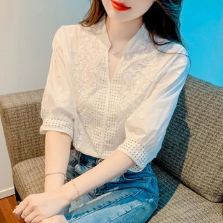 Hollow Out Embroidered Stand Collar Shirt Fashion Tops Phosgene