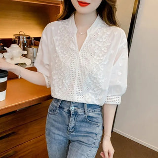 Hollow Out Embroidered Stand Collar Shirt Fashion Tops Phosgene