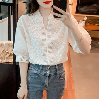 Hollow Out Embroidered Stand Collar Shirt Fashion Tops Phosgene