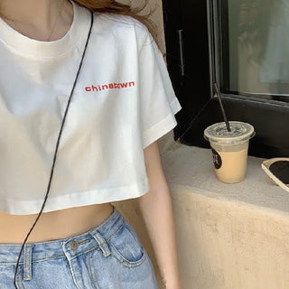 Korean Style Student Lazy Bf Loose Printed Personalized Hong Kong Style Short Midriff Outfit Top Phosgene