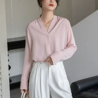 Korean Style Versatile V-neck Long Sleeve Satin Blouse Women's Tops Phosgene