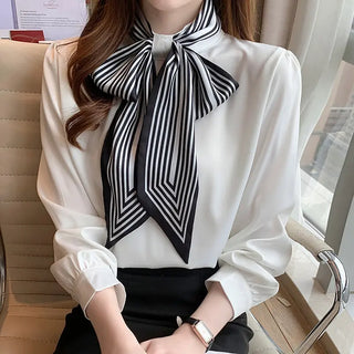 Lady Temperament Satin Striped Shirt With Ribbon Phosgene