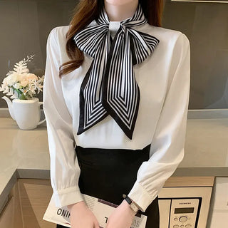 Lady Temperament Satin Striped Shirt With Ribbon Phosgene