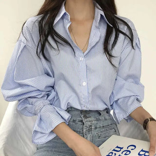 Lapel Contrast Color Striped Single-breasted Loose All-match Puff Sleeve Shirt Phosgene