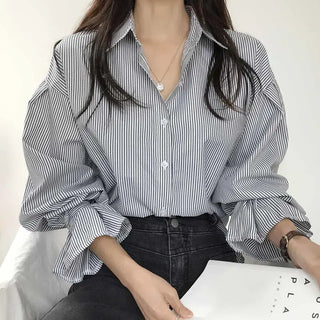 Lapel Contrast Color Striped Single-breasted Loose All-match Puff Sleeve Shirt Phosgene