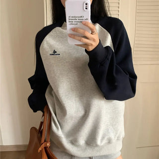 Letter Embroidery Contrast Color Loose Mid-length Long Sleeve Top Phosgene