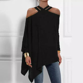 Loose Asymmetry Hollow Solid Color Cold Shoulder Shirt Top Phosgene