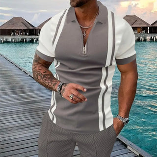 Men's Summer Fashion 3D Printed Short Sleeve Geometric Zip Lapel Shirt Set Phosgene