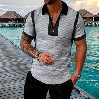 Men's Summer Fashion 3D Printed Short Sleeve Geometric Zip Lapel Shirt Set Phosgene