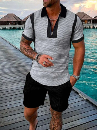 Men's Summer Fashion 3D Printed Short Sleeve Geometric Zip Lapel Shirt Set Phosgene