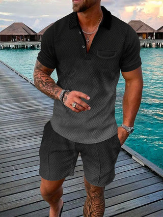 Men's Summer Fashion 3D Printed Short Sleeve Geometric Zip Lapel Shirt Set Phosgene