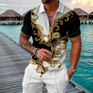 Men's Summer Fashion 3D Printed Short Sleeve Geometric Zip Lapel Shirt Set Phosgene