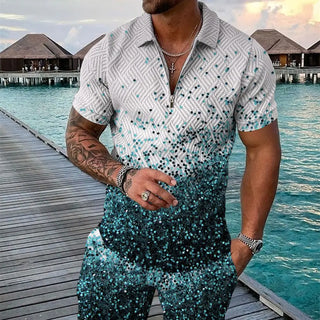 Men's Summer Fashion 3D Printed Short Sleeve Geometric Zip Lapel Shirt Set Phosgene