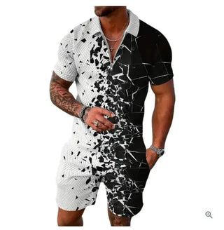 Men's Summer Fashion 3D Printed Short Sleeve Geometric Zip Lapel Shirt Set Phosgene