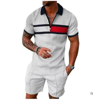 Men's Summer Fashion 3D Printed Short Sleeve Geometric Zip Lapel Shirt Set Phosgene