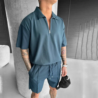 Men's Zipper Polo Casual Short-sleeved Shorts Suit Phosgene