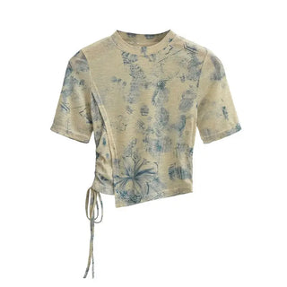 New Chinese Ink Painting Butterfly Mesh Short Sleeve Summer Asymmetric Slim-fit Shoulder T-shirt Phosgene