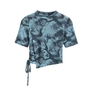 New Chinese Ink Painting Butterfly Mesh Short Sleeve Summer Asymmetric Slim-fit Shoulder T-shirt Phosgene