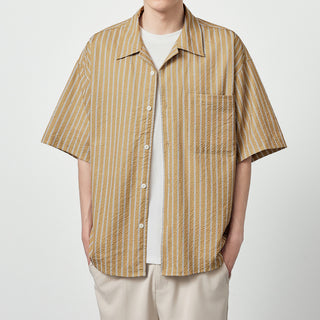 Seersucker Striped Printed Short Sleeve Shirt With Eight-character Collar Phosgene