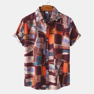 Casual Men's Cotton And Linen Short Sleeve Shirt Hawaiian Short Sleeve Printed Shirt Men Phosgene