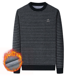 Men's Fashion Velvet Padded Thick Round Neck Striped Sweater Phosgene